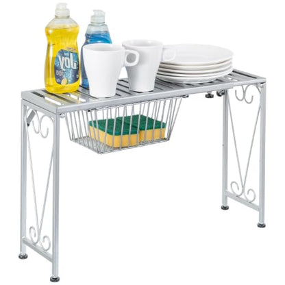 MyGift Silver Metal Over The Sink Organizer Shelf with Pull Out Drawer, Expandable Kitchen Caddy Rack, Bathroom Storage Shelf Riser with Scrollwork Design - color: Silver
