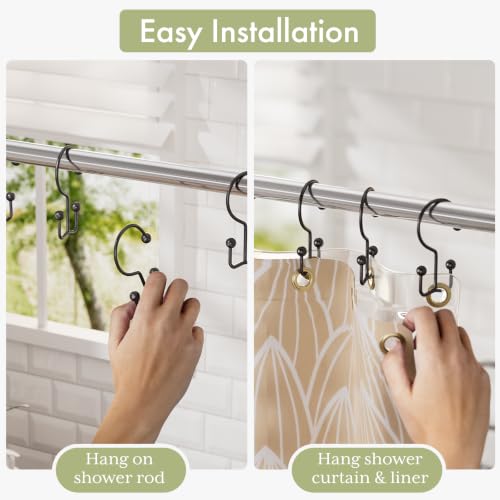Shower Curtain Hooks Black Double Shower Curtain Hooks, Shower Curtain Rings Sturdy Stainless Steel Shower Hooks for Bathroom Shower Curtain Rod, 12Pcs Shower Curtain Hangers - color: Black, style: Double Hooks-2