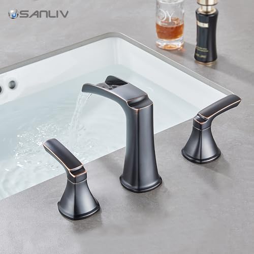 Oil Rubbed Bronze Waterfall Bathroom Faucet, Sanliv 3-Piece Widespread Bathroom Sink Faucets, 2-Handle Bronze Vanity Faucet for 3-Hole Sinks 4-8 Inch with Pop-Up Drain (ORB) - color: Oil Rubbed Bronze