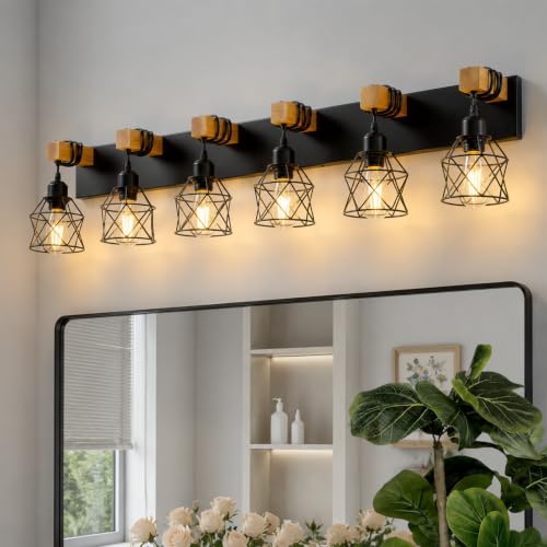 Farmhouse Vanity Light Fixture,6-Light Bathroom Lighting,Black Industrial Wood Wall Light Over Mirror with Metal Shade,LED Bulbs Not Included - color: Black, size: 6-Light-Wide 44"