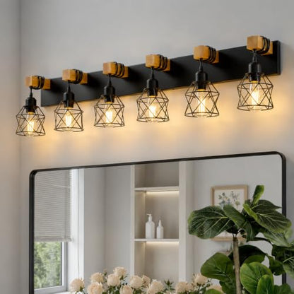 Farmhouse Vanity Light Fixture,6-Light Bathroom Lighting,Black Industrial Wood Wall Light Over Mirror with Metal Shade,LED Bulbs Not Included - color: Black, size: 6-Light-Wide 44"