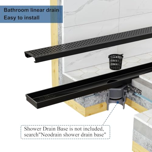 Neodrain 30" Linear Shower Drain, Matte Black 304 SS Bathroom Linear Drain | Black Shower Drain with Quadrato Grate& Adjustable Feet, Long Rectangle Shower Floor Drain in Bathroom, Balcony etc, cUPC - color: Matte Black, size: 30 In