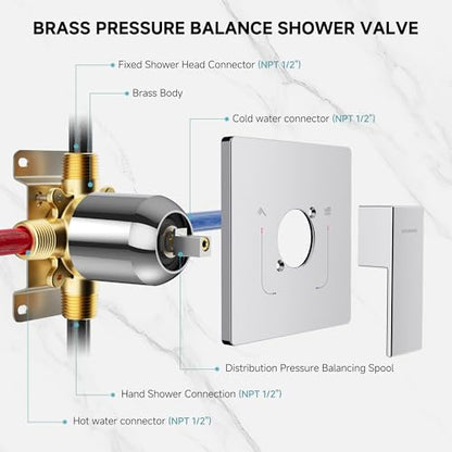 SR SUN RISE Shower Faucet Set & System - 12 Inch Rainfall Shower Head & Handle Set Wall Mounted Polished Chrome Solid Brass Valve Trim Kit Included - color: Polished Chrome, size: 12 Inch