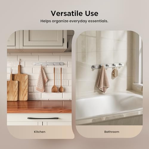 JOMOO Robe Hook, 2 Pack Adhesive Wall Hooks for Bathroom, Stainless Steel Towel Hooks with 5 Hooks Each, No Drill Shower Hooks Heavy Duty 11LBS, Brushed - color: Brushed
