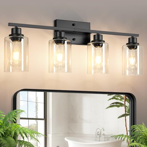 Ascher Bathroom Light Fixtures, 4-Light Vanity Light Over Mirror, Matte Black Wall Sconces with Clear Glass Shades, Wall Lamp for Living Room Bedroom, E26 Base(Bulbs Not Included) - color: Black & Clear Glass, size: 4-Light