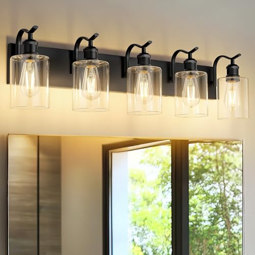 5 Light Bathroom Vanity Light, Black Light Fixture Morden Bathroom Lighting Fixtures Over Mirror Black Wall Sconces with Clear Glass Shade ZCVL01BK-5 - color: Black & Clear Glass, size: 5 LIGHT