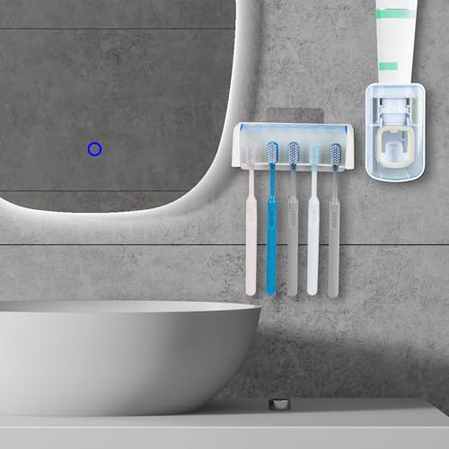 5 Slots Wall Mount Toothbrush Holder with Cover, Self Adhesive Toothbrush Storage Organizer for Shower, Toothbrush Hanger with Automatic Toothpaste Squeezer Dispenser(White + Blue) - color: White + Blue Combination