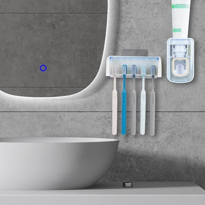5 Slots Wall Mount Toothbrush Holder with Cover, Self Adhesive Toothbrush Storage Organizer for Shower, Toothbrush Hanger with Automatic Toothpaste Squeezer Dispenser(White + Blue) - color: White + Blue Combination
