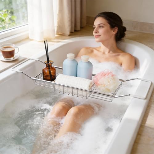 Cabilock Bathtub Tray - Stainless Steel Bathtub Caddy, Expandable Extra Wide Bath Tub Organizer, Rust-Resistant Over The Tub Shelf Rack with Non-Slip Grips for Phone Book Wine Glass, Silver - color: Silver