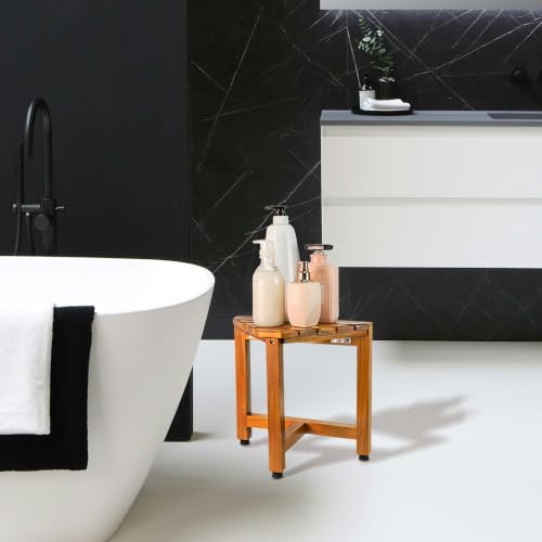 VaeFae Teak Wood Corner Shower Stool for Shaving Foot Rest, Small | Sturdy Design, Triangle Space-Saving Frame, Non-Slip Feet, Easy To Clean