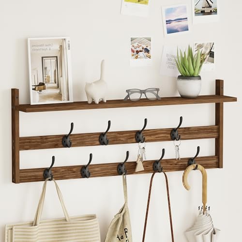 AMBIRD Coat Rack Wall Mount with Shelf, 29" Coat Hooks Wall Mounted with 9 Metal Hooks for Entryway, Bathroom, Bedroom, Living Room, Kitchen, 2 Tier Wall Hooks for Clothes, Hat, Towel, Key, Purse - style: 9 Hooks