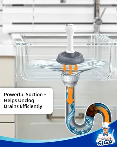 MR.SIGA Mini Drain Plunger, Sink Drain Plunger with Strong Suction | Compact design, powerful small plunger for bathroom and kitchen sinks, tubs, shower drains, 6.3inch/16cm tall, white & gray