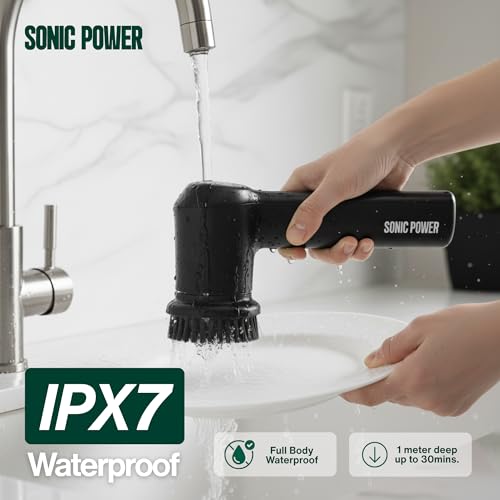 SonicPower Electric Spin Scrubber – Handheld & Ergonomic, IPX7 Waterproof, 4 Multi-Purpose Brush Heads, Long-Lasting Rechargeable Battery – Cleans Dishes, Bathroom, Tile, Grout & Kitchen (Black) | IPX7 Waterproof, 4 Interchangeable Heads, Soft Corner, Sco