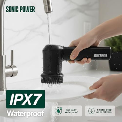 SonicPower Electric Spin Scrubber – Handheld & Ergonomic, IPX7 Waterproof, 4 Multi-Purpose Brush Heads, Long-Lasting Rechargeable Battery – Cleans Dishes, Bathroom, Tile, Grout & Kitchen (Black) | IPX7 Waterproof, 4 Interchangeable Heads, Soft Corner, Sco