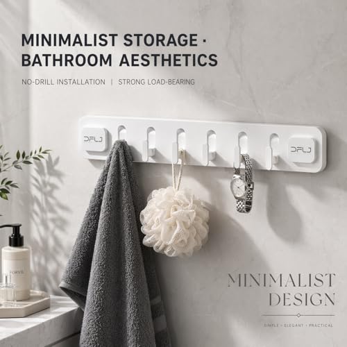 White Long Strip with 6 Hooks Suction Cup Hooks No Drill Damage Free Removable Shower Wall Hooks for Bathrooms Towel Loofah Bath Brush Clothes and Over Door Storage