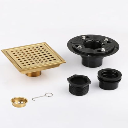 Square Shower Drain Gold Brushed 6 inch with Removable Grid Panel | AISI 304 Stainless Steel Shower Floor Drain with Detachable Hair Catcher Flange Lifting Hook Fits Bathroom Balcony Kitchen - color: Gold, size: 6 inch+Base
