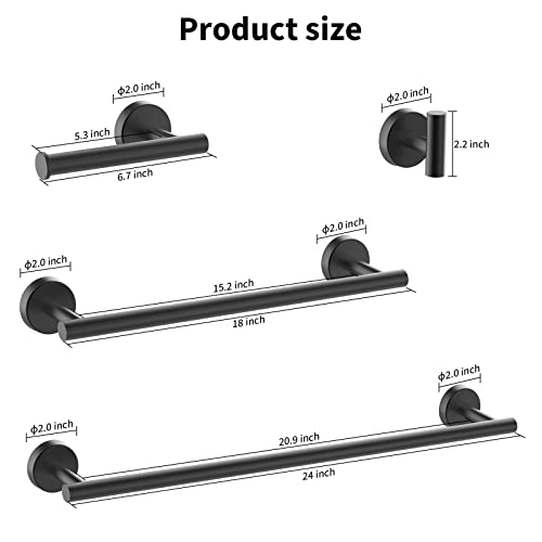 Newfun 10 Pieces Matte Black Bathroom Hardware Set 24 Inch | Include 24 inch Towel Bar, Robe Hook, Toilet Paper Holder, Stainless Steel Bathroom Accessories Set for Bathroom Wall Mounted - color: Matte Black