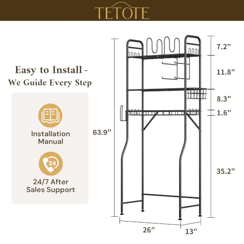 TETOTE Over The Toilet Storage Rack, 3-Tier Bathroom Organizer Shelf Over Toilet with Toilet Paper Roll Holder, Freestanding Metal Rack, Black