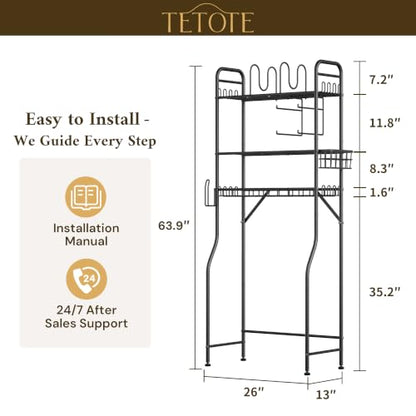 TETOTE Over The Toilet Storage Rack, 3-Tier Bathroom Organizer Shelf Over Toilet with Toilet Paper Roll Holder, Freestanding Metal Rack, Black