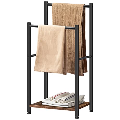 HOOBRO Free Standing Towel Rack for Bathroom, 2 Tier Blanket Rack, 16.5" L x 9.4" W x 31.5" H, Blanket Holder, Drying and Display Rack with Shelf, Rustic Brown and Black BF02LB01 - color: Rustic Brown + Black, size: 16.5"L x 9.4"W x 31.5"H