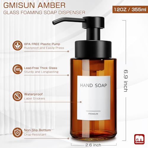 GMISUN Glass Foaming Soap Dispenser, 10 Fl oz / 300ml Amber Glass Soap Dispenser for Bathroom & Kitchen, 2 Pack Modern Refillable Foam Hand Soap Dispensers, Bathroom Hand Soap Dispensers with Labels - color: Amber Bottle, size: 10 Fl oz