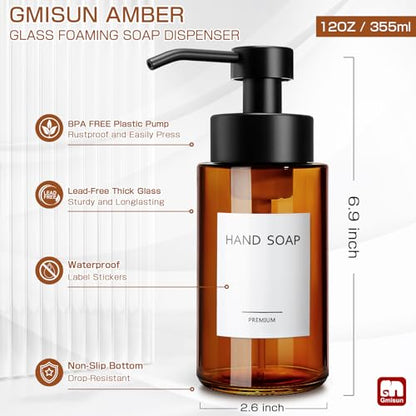 GMISUN Glass Foaming Soap Dispenser, 10 Fl oz / 300ml Amber Glass Soap Dispenser for Bathroom & Kitchen, 2 Pack Modern Refillable Foam Hand Soap Dispensers, Bathroom Hand Soap Dispensers with Labels - color: Amber Bottle, size: 10 Fl oz