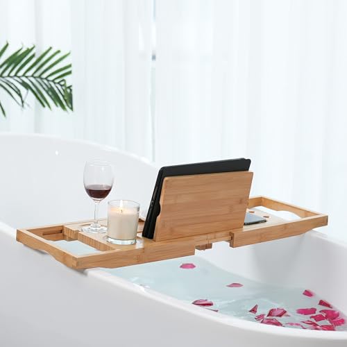 Utoplike Bamboo Bathtub Caddy Tray for Tub, Expandable Bath Table Trays | Adjustable, Bathroom Organizer with Book Tablet Stand, Wine Glass Cup, Towel Holder (24.5"-37.4") - color: 24.5-37.4 in