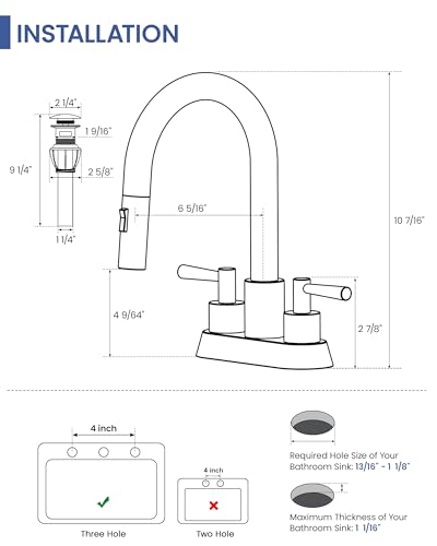Bathroom Sink Faucet with Pull Out Sprayer - 4 Inch Lead-Free Bathroom Faucets for 3 Hole Sink, Brushed Nickel 2 Handle Vanity Sink Faucet Bathroom with Pop Up Drain