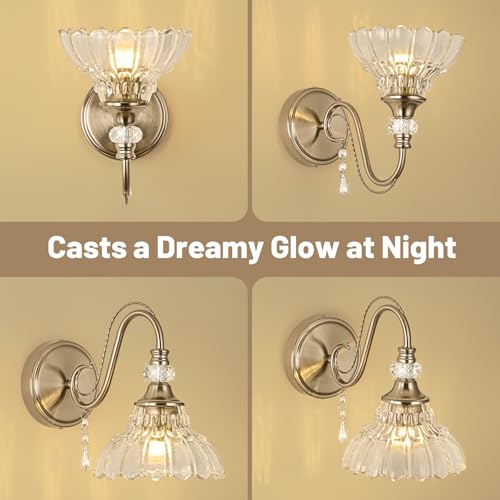 1 Piece Brushed Nickel Finish Wall Sconce, 1-Light Modern Wall Sconce with Hanging Crystal Accents and Flower-Shaped Clear Shades for Bathroom Bedroom Living Room,Modern Vanity Light - color: Nickel, size: 1-Light