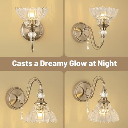 1 Piece Brushed Nickel Finish Wall Sconce, 1-Light Modern Wall Sconce with Hanging Crystal Accents and Flower-Shaped Clear Shades for Bathroom Bedroom Living Room,Modern Vanity Light - color: Nickel, size: 1-Light