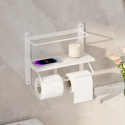Homeiju Double Toilet Paper Holder with Shelf, Wooden Wall-Mounted Toilet Paper Roll Holder, Wall-Mounted Bathroom Organizer, Double Roll, Suitable for Bathrooms(White)