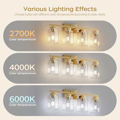 4-Light Bathroom Light Fixtures, Brushed Gold Modern Vanity Lights, Bathroom Lighting Fixtures Over Mirror, Square Design Farmhouse Wall Sconces with Clear Glass Shades - color: Brushed Gold, size: 4-Light