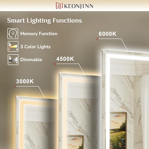 Keonjinn 60 x 36 Inch Beveled Lighted Bathroom Mirror, Frontlit & Backlit | HD Tempered Glass, LED Bathroom Mirror with Lights, 3000K/4500K/6000K, Fast Defogging, Dimmable, Memory Function, CRI90+ - size: 36"L x 60"W