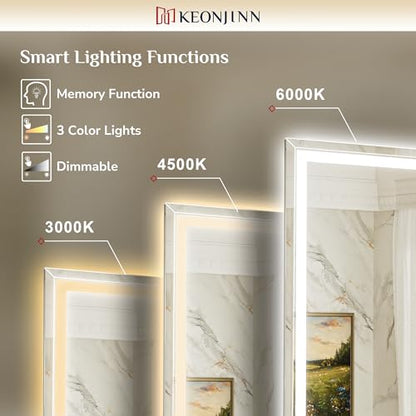Keonjinn 60 x 36 Inch Beveled Lighted Bathroom Mirror, Frontlit & Backlit | HD Tempered Glass, LED Bathroom Mirror with Lights, 3000K/4500K/6000K, Fast Defogging, Dimmable, Memory Function, CRI90+ - size: 36"L x 60"W
