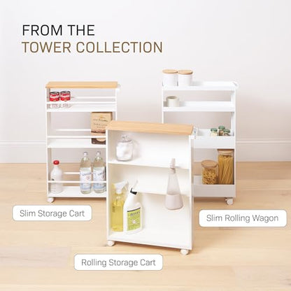 Yamazaki Home Slim Rolling Storage Cart – Narrow Bathroom Storage Cabinet With Handle, Slim Bathroom Storage Cart With Wheels, Easy Assembly, Steel + Wood, White, 27" - Steel - - color: White