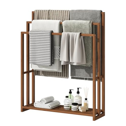Standing Towel Rack for Bathroom, 39.4''H Bamboo Blanket Racks with Shelf | 31.5"W × 9.4"D × 39.4"H • Walnut • Waterproof • Blanket rack • Blanket holder • Ventilated • Bottom shelf • Anti-tip - color: Walnut