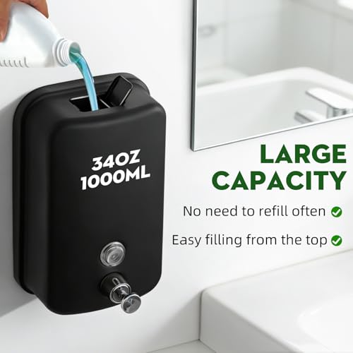 RYTOXILO Wall Soap Dispenser 1000ml/34 fl oz Commercial Soap Dispenser Stainless Steel Soap Dispenser Hand Soap Dispenser for Bathroom Kitchen Wall Mounted(Matte Black) - color: Black