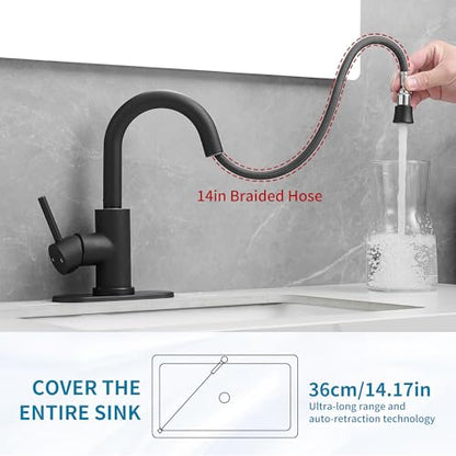 Black Bathroom Sink Faucet with Pull Out Sprayer for 1 Hole,Bar Sink with Pop-Up Drain,Single Handle Small Kitchen Faucet with 4 in Deck Plate,360°Swivel Faucet for Farmhouse Vanity - color: Black, style: Pull out-R