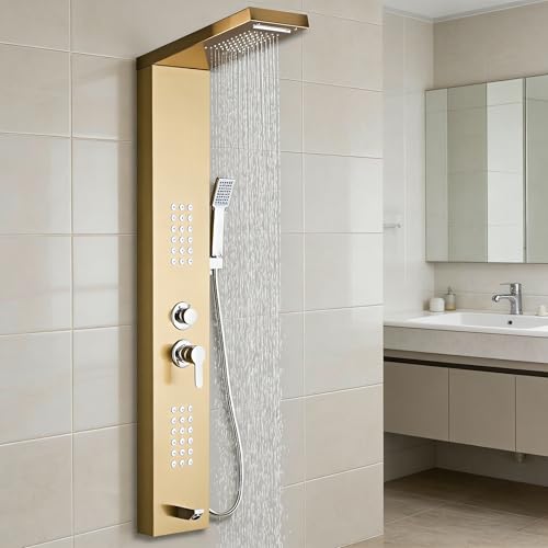 5-in-1 Shower Panel Tower System - Brushed Gold | 304 stainless steel Shower Panel Tower Column with Powerful Body Jets, Rainfall, Waterfall,Handheld and Tub Spout - color: Brushed Gold, style: LSH-8001