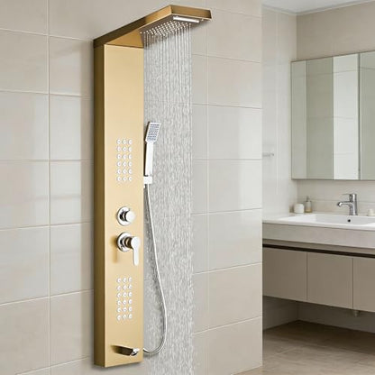 5-in-1 Shower Panel Tower System - Brushed Gold | 304 stainless steel Shower Panel Tower Column with Powerful Body Jets, Rainfall, Waterfall,Handheld and Tub Spout - color: Brushed Gold, style: LSH-8001