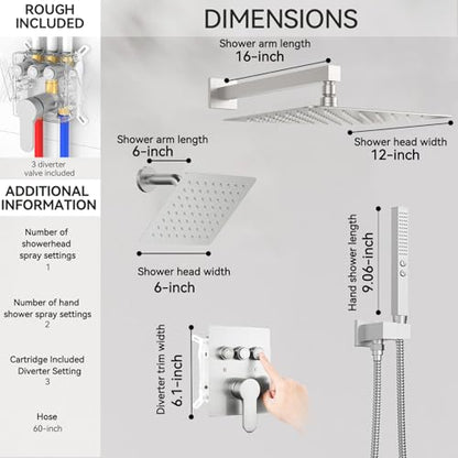 Shower System Dual Head，STARBATH 12+6" Rainfall Shower Head and Handheld Spray, Wall Mounted 3 Way Shower Faucet Set with Push Button Pressure Balance Valve and Trim Kit Brushed Nickel - color: Brushed Nickel, size: 6+12 inch-08