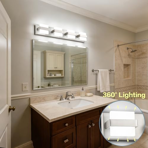 SOLFART Brushed-Nickel Bathroom Light Fixtures, 4 Lights Bathroom Vanity Light LED Vanity Lights Brushed-Nickel Vanity Lighting, Dimmable - color: Upgraded Brushed Nickel-6000K,100%-0% Dimmble Brightness, size: 4- Light,27Inch
