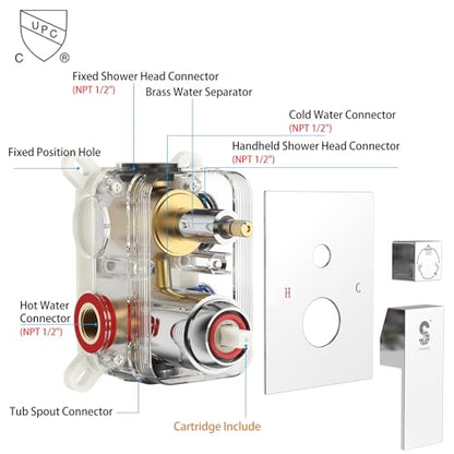 SR SUN RISE 12 Inch All Metal Square Shower System with Tub Spout, Tub Shower Faucet Set, High Pressure Rain Shower Head and Handheld Sprayer Shower Fixtues, Valve Included, Polished Chrome - color: Polished Chrome, size: 12 Inch