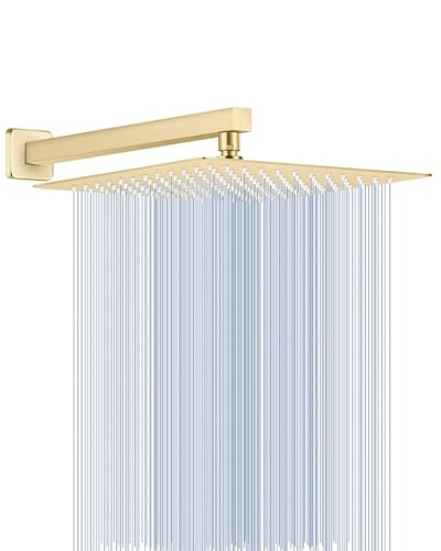 12 Inch Brushed Gold Rain Shower Head with Extension Arm, Rainfall Square Showerhead with 16 Inch Shower Arm All Stainless Steel, 144 Outlets Waterfall Full Body Coverage - color: Brushed Gold