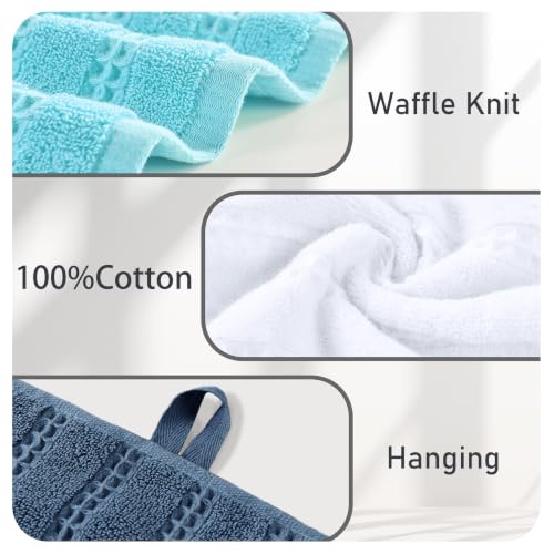 VOOVA & MOVAS Hand Towels 4PC,13"x30", 100% Cotton,with Loop,Aqua | Waffle Weave Fabric, Soft Lightweight & Absorbing, Quick Dry & Non-fading, Unshrinkable - color: Aqua