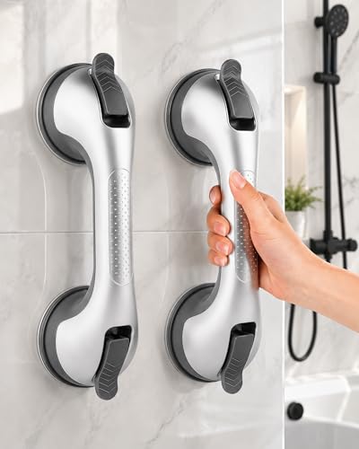 Gel-Enhanced Shower Grab Bars for Seniors and Elderly, 2 Pack Heavy Duty Suction Safety Bars for Bathtubs and Showers, No Drilling Removable Bathroom Handles for Tub and Shower Support - color: Silver