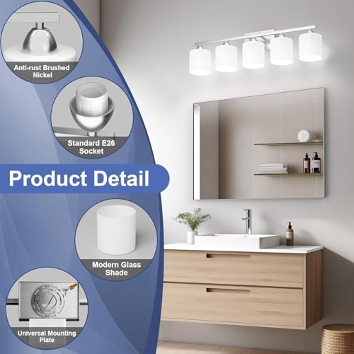 Bathroom Lighting Fixtures Over Mirror, Anti-Rust Vanity Light Fixture for Bathroom, Modern 5-Light Wall Sconce Light for Living Room, E26 Base, Milky White Glass Shades, Bulbs Not Included - color: Brushed Nickel-5Light