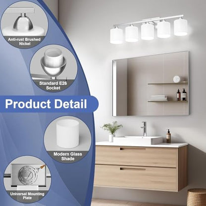 Bathroom Lighting Fixtures Over Mirror, Anti-Rust Vanity Light Fixture for Bathroom, Modern 5-Light Wall Sconce Light for Living Room, E26 Base, Milky White Glass Shades, Bulbs Not Included - color: Brushed Nickel-5Light