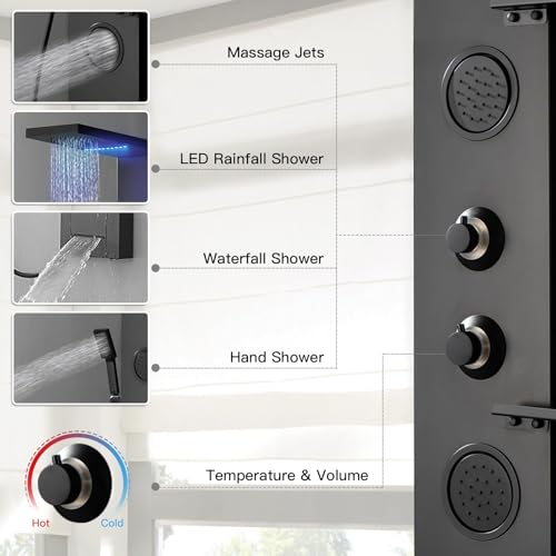 Homevacious 4 In 1 Shower Panel System with Shelf Matte Black | LED Rain Shower Head Adjustable Massage Body Jets 3 Functions Handheld Head Tub Spout Stainless Steel - color: Matte Black, style: LED Shower Panel