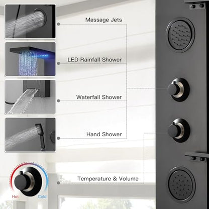 Homevacious 4 In 1 Shower Panel System with Shelf Matte Black | LED Rain Shower Head Adjustable Massage Body Jets 3 Functions Handheld Head Tub Spout Stainless Steel - color: Matte Black, style: LED Shower Panel
